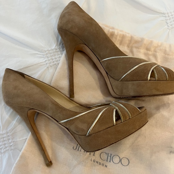 Jimmy Choo Size 39 Beige/Tan Suede Platform Peeptoe Pumps - Picture 2 of 6